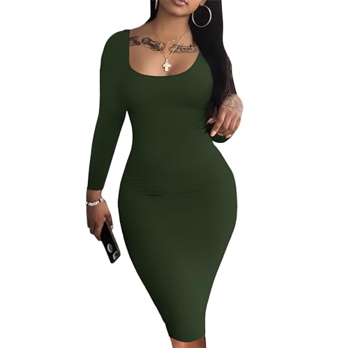 Image of Nimsruc Womens Autumn Casual Sexy Long Sleeves Bodycon Dress Basic Pencil Midi Club Dresses