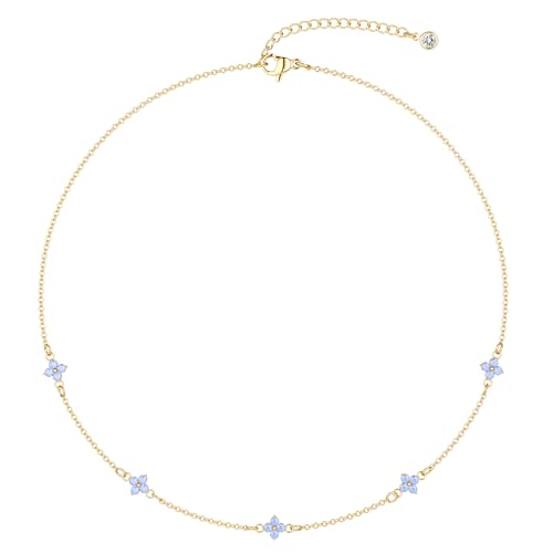 Freekiss Gold Station Necklace for Women: Dainty Chain Necklace 14K Gold Plated Choker Necklace Non Tarnish Tiny Cute Blue Clover Flower CZ Necklaces Gold Jewelry for Women Trendy Gifts