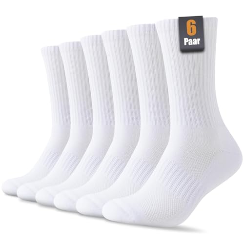 SockWaddles Calcetines Hombre Mujer, Calcetines de Algodón Sin Costuras, Calcetines Deporte Transpirables y Antiampollas, Ideales para Trabajo, Running, Senderismo, 6 Pares Unisex, Blanco, 43-46