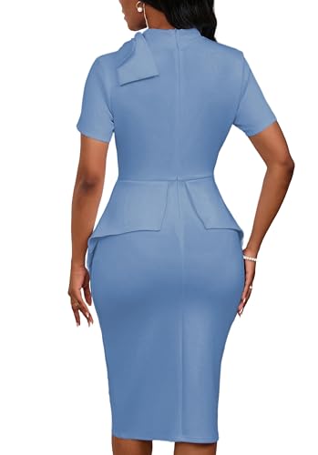 Image of PerZeal Women's Fashion Peplum Bodycon Short Sleeve Work Dresses Bow Club Ruffle Pencil Formal Cocktail Dress