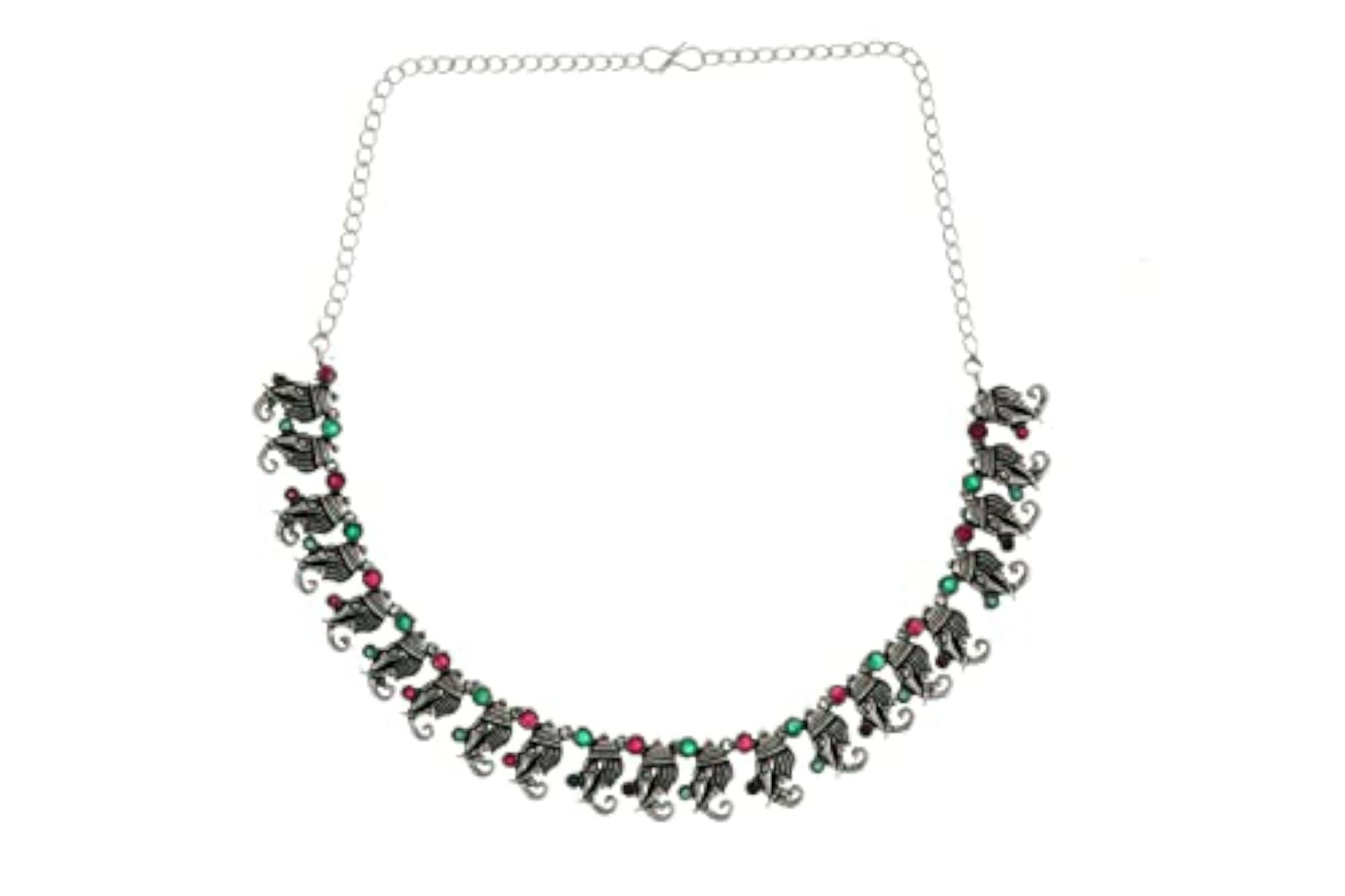 Oxidized Elephant Theme Rakhi Necklace Set Red & Green Stone Earrings