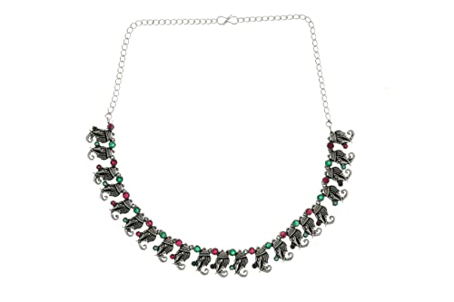 Oxidized Elephant Theme Rakhi Necklace Set Red & Green Stone Earrings