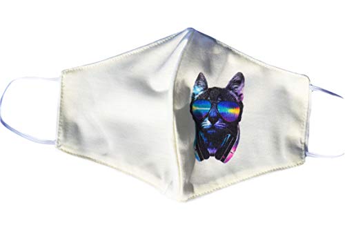 Masque en tissu imprime animal - chat dj - Style musique - tissu double épaisseur - Lavable et réutilisable Cover
