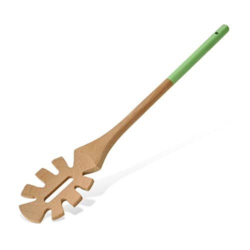 Tasty Wooden Spaghetti Spoon, Spaghetti Server with Green Handle, Noodles Spoon Server for Serving Spaghetti & Pasta, Wooden Kitchen Utensil, Dimensions: 30x5.5cm, Colours: Light Brown & Green