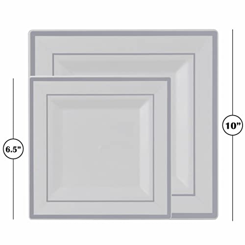 Bloomingoods Disposable Plastic White Square Plates, 100-Pack 6.5 & 10 In. Combo Premium Heavy Duty Silver Rim Square Plastic Plates, Ideal For Wedding, Party, Event Or Catering #TOP2