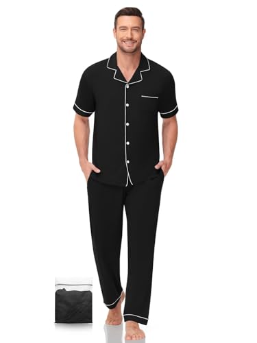 Men Pajamas Set Two Pieces Short Sleeve Sleepwear Button Down Loungewear Set Soft Modal Pj Set with Pockets