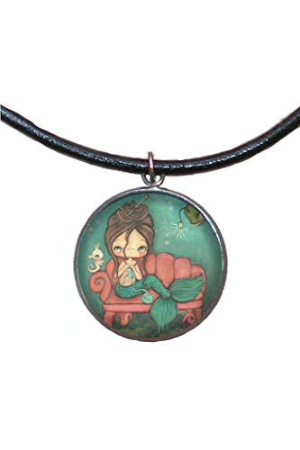 Colgante de Acero, 30mm, Cordón de cuero,Hecho a mano, Ilustración sirena