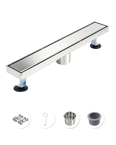 Image of 18 Inch Brushed Stainless Steel Linear Shower Drain | CUPC Certified 2-in-1 Tile Insert for Curbless Showers. 304 Steel, 15.8GPM Flow. Includes Hair Catcher & Adjustable Feet.