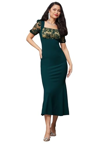 Image of Miss Chase Womens Bodycon Square Puff Sleeve Solid Lace Overlaid Ankle Length Dress