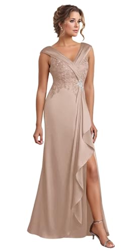 cantcauli Mermaid Mother of The Groom Dresses for Wedding V Neck Lace Appliques High Slit Ruffles Satin Wedding Guest Dress Taupe US2