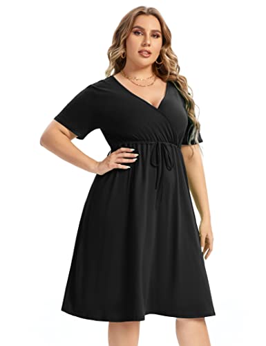 Image of ShopWonder Plus Size Dress Women's V Neck A-Line Knee Length Wrap Swing Dresses Plus Size A Line Party Mini Dress