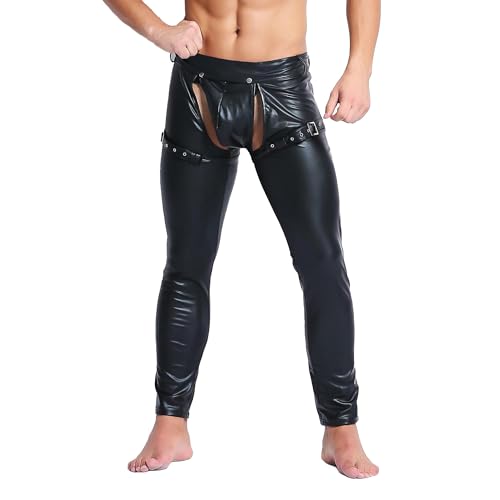 QiaTi Mens Skinny Pants Faux Leather Open Crotch Trousers with Bulge Pouch for Men