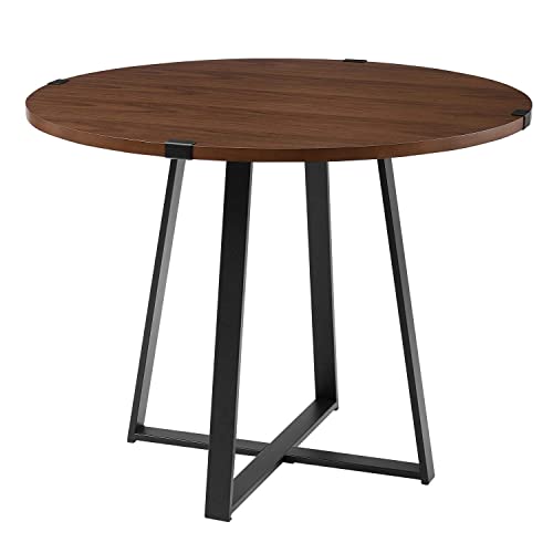 Walker Edison 4 Person Round Industrial Modern Wood Small Dining Table Dining Room Kitchen Table Set Dining Chairs Set, 40 Inch, Dark Walnut And Black #TOP23