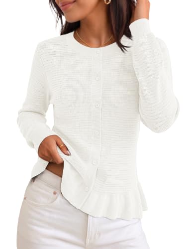 MEROKEETY Womens Button Up Cute Ruffle Cardigan Sweaters, White, M