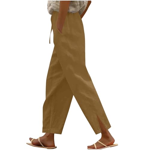 Ladies Trousers Linen Wide Leg Elasticated High Waist Palazzo Women Summer Lightweight Drawstring Baggy Lounge Pants Plain Straight Leg Comfy Casual Holiday Essentials Bottoms with Pocket Yellow