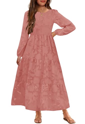MITILLY Girls Fall Long Sleeve Dress Boho Flower A-Line Ruffle Tiered Flowy Maxi Dresses for Wedding Party 6-12 Years