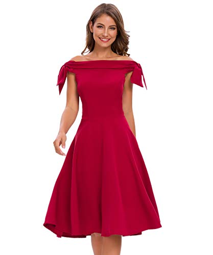 Bright Deer Robe de Soirée Femme Mi-Longue de Bal de Bardot à Épaules Dénudées et Nud pour Mariage Cérémonie d'anniversaire Noël Réveillon 36 S Rouge