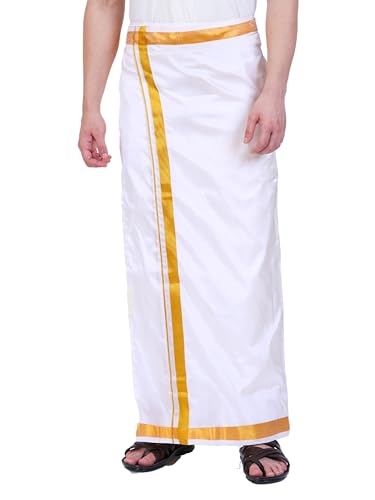 Image of PRAKASAM COTTON Double Layer 8 Mulam Velcro Pocket Dhoti for men | Mundu with Golden Jari Border, Readymade Dhoti for men, Silk Look, South Indian Veshti