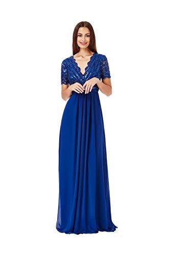 Goddiva Robe longue en mousseline de soie avec col en V et paillettes Bleu 12, bleu, 40
