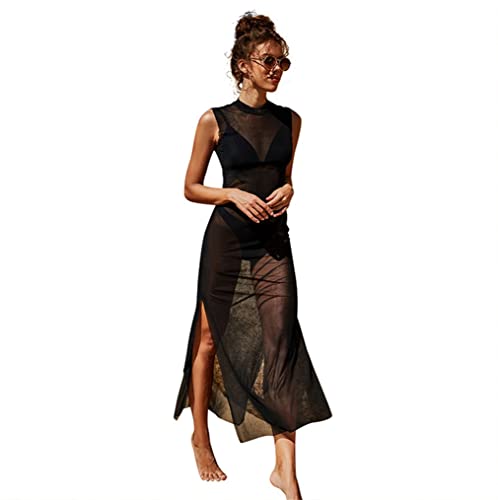 BFBMQYJ Women's Sexy Beach Blouse Lace Maxi Floral Printed Mesh Long Sleeve Cover Up Dress for Beach Sunbathing Color : Black, One Size