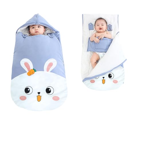 ベビーおくるみ新生児おく寝袋 寝冷え防止 綿製 秋冬対応 防寒 暖かい 柔らかい 綿 コットン フード付き ふわふわ (ブルーキュートウサギ 13-25°c,116*58)