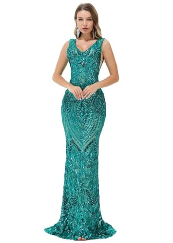 Image of Women's Wedding Bridesmaid Gown Sequined Mermaid V Neck Sleeveless Evening Dress