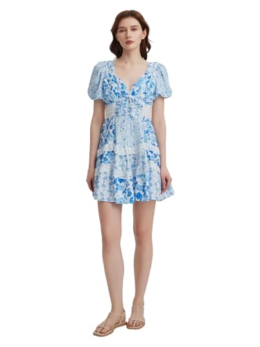 Image of hibshaby Women's Floral Patchwork Dress V Neck Lace Layered Ruffle Flowy Babydoll Dress Puff Sleeve Tiered Mini Sundress
