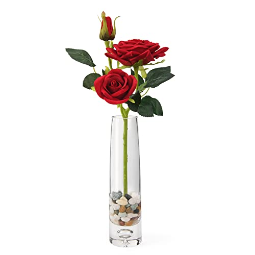 Artificial Flowers With Hand Blown Glass Vase,Red Rose,Silk Flowers Bouquet,Fake Flowers Are Suitable For Home,Office Decor,Coffee Table Decor,Farmhouse Table Decor,Table Decorations For Living Room #TOP6