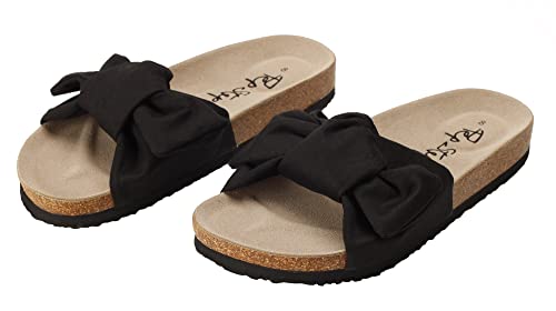 Pepstep Slide Sandals For Women Or Ladies Dressy Summer Casual, Cute Bow Tie Knot On Top Strap, Comfy Slip On Cork Foot Bed, Flat Low Wedge Platform Slides For Beach Or Pool(9,Black) #TOP6
