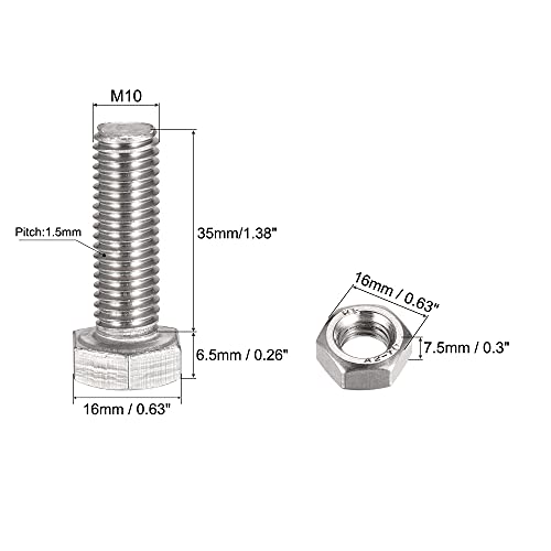 Image of uxcell M10 x 35mm Hex Head Screws Bolts, Nuts, Flat & Lock Washers Kits, 304 Stainless Steel Fully Thread Hexagon Bolts 4 Sets