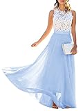 Minetom Blau Weiße Spitze Drapierte Rundhals Ärmellos Elegante Maxikleid Mode Abendkleid Ballkleid B Blau 42