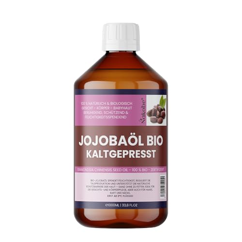 Aceite de jojoba orgánico prensado en frío – Premium Simmondsia chinensis Seed Oil para cosméticos, cuero cabelludo y cuidado del cabello – Nativo – Vegano – Nakobe (1000 ml)