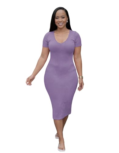 Image of TOPSRANI Women Sexy Midi Dress Bodycon Casual Sleeveless Basic Ruched Tank Summer Club Party Dresses