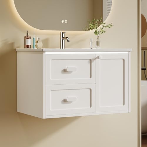PUGSDRLY Meuble lavabo Mural avec Vasque céramique intégrée, Meuble Lave Main WC avec éclairage...