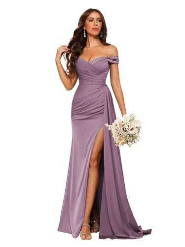 vintys Womens Off Shoulder Mermaid Bridesmaid Dresses Long with Slit Mauve Pleated Satin Formal Dresses for Women 8