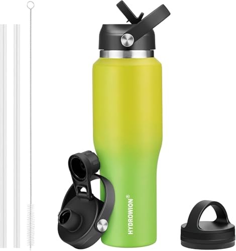 Image of 40 oz Insulated Water Bottle with Straw fit in Car Cup Holder(Cold 48 hrs, Hot 24 hrs) Drinking Bottle with Straw Lid, Spout Lid and Flex Cap Leakproof Travel Thermo Mug，Yellow - Green