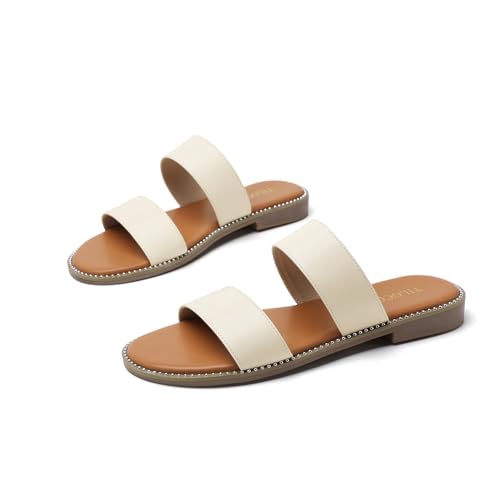 Image of Tilocow Women's Flat Sandals Two Strap Summer Dressy Studded Slide Sandals Open Toe Cute Casual Slip on Comfort Shoes for Beach Travel Daily Wear