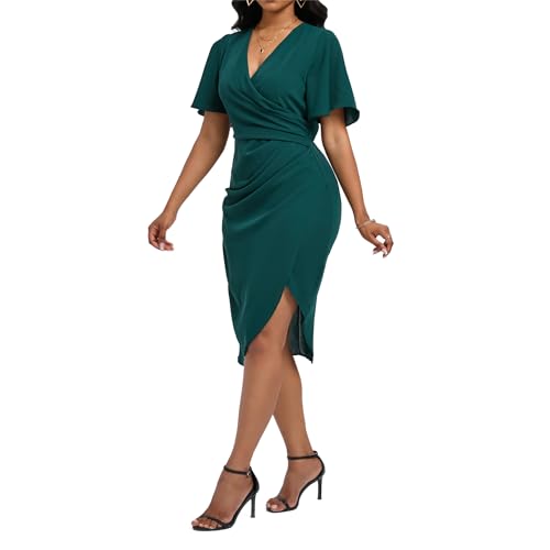 Image of Women's Wrap V Neck Asymmetrical Hem Midi Ruched Cocktail Evening Dress | Back Zipper, Regular Fit, Club Night, Semi Office Formal, Wedding Dinner Date, Flutter Short Sleeve, High Low Irregular Hem