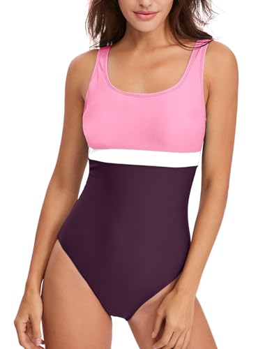 Women's Athletic Scoop Neck U Back One Piece Swimsuit Pink Purple XL