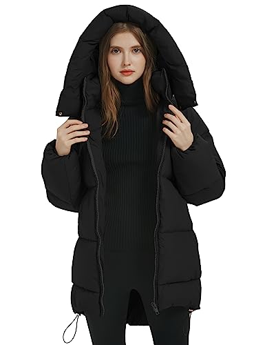 Flygo Womens Hooded Quilted Puffer Jacket Mid-Length Padded Warm Winter Heavyweight Coat Outerwear(Black-Xs) #TOP1
