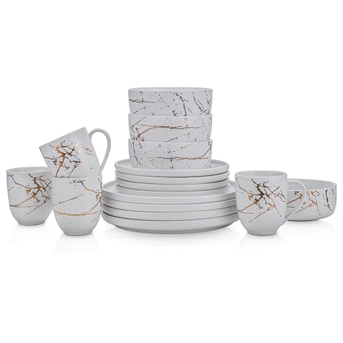 Image of Stone Lain Porcelain 16 Piece Dinnerware set, 4 Full White Gold Splash Sets