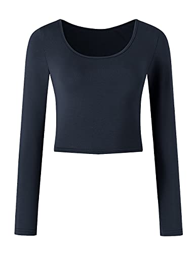 Blue Crop Tops for Women Casual Long Sleeve Workout Shirts for Women Trendy Crop Top Fall Yoga Tees 80s Shirts (Navy Blue,Large)