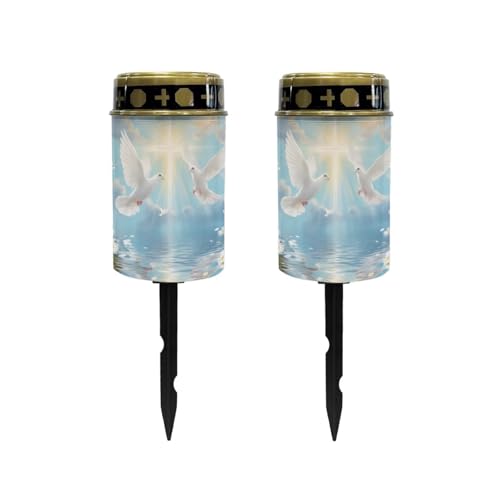 Image of Poceacles Dove of Peace Cross Daisy Print Blue Solar Lights Outdoor Waterproof Cemetery Solar Outdoor Candle Grave Decoration Votive Candles Blessed Lights for Loss of Loves One, 2 Pieces