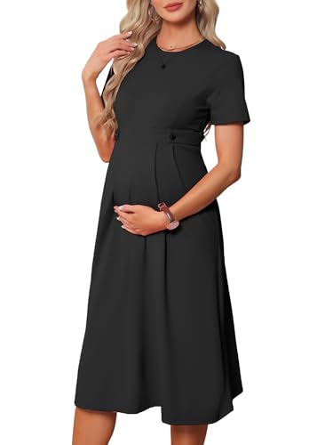 MARI GABRIEL Womens Maternity Dress A Line Crewneck Short Sleeve Stretchy Summer Office Work Midi Pregnancy Dresses Large Black