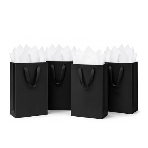 SHIPKEY 10 Pcs Luxury Black Bags with Tissue Paper Gift Bags for Men Groomsmen Proposal Bag 8x4x11 Kraft Paper Bag with Handles Bulk| Shopping Wrappings for Men Groomsman