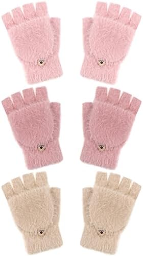 Geyoga 6 paar donzige vingerloze handschoenen met vingergaten voor dames, zwart, wit, grijs., Koralle Vlies