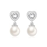 VYYU Silver Earrings for Women Girls - 14K White Gold Plated Heart Crystals Pearl Drop Earrings, Dainty Hypoallergenic Ear Dangle Jewellery Gifts Birthday Christmas Anniversary Valentines Day, White