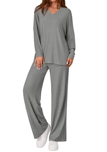 PRETTYGARDEN 2 Piece Lounge Sets for Women Fall Outfits 2025 Casual Loose Long Sleeve Tops Wide Leg Pants Matching Pajama Set