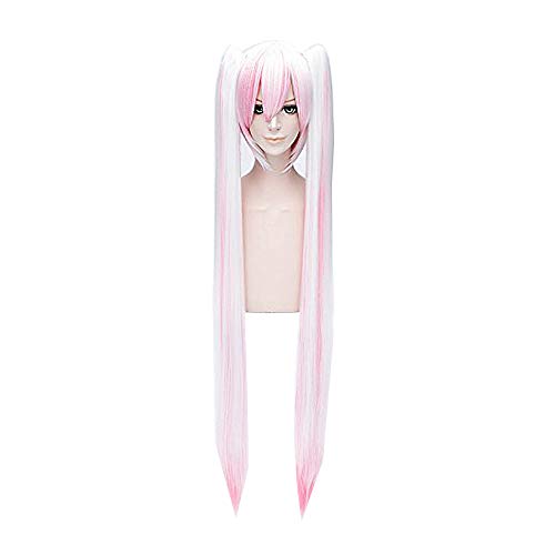 GOOACTION 43inch/110cm Long Straight White and Pink Ombre Bangs Wig with Double Ponytails for Hatsune Miku Sakura Anime VOCALOID Halloween Cosplay Party Synthetic Hair Wigs