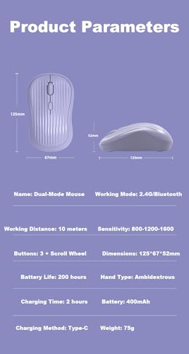Ratón inalámbrico silencioso Bluetooth y USB recargable con diseño ergonómico de 1600 DPI 3